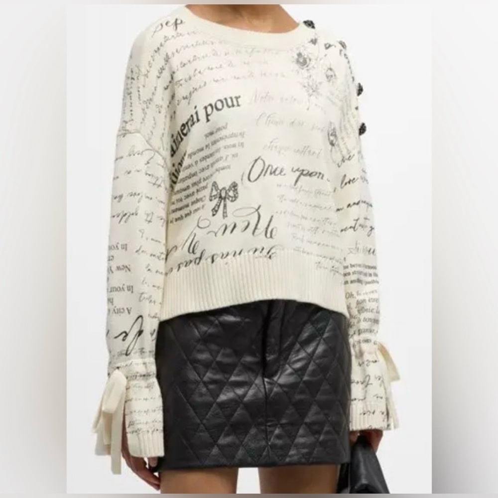 NWT! Cinq a Sept! Elegant Cream Text Print Women's Sweater